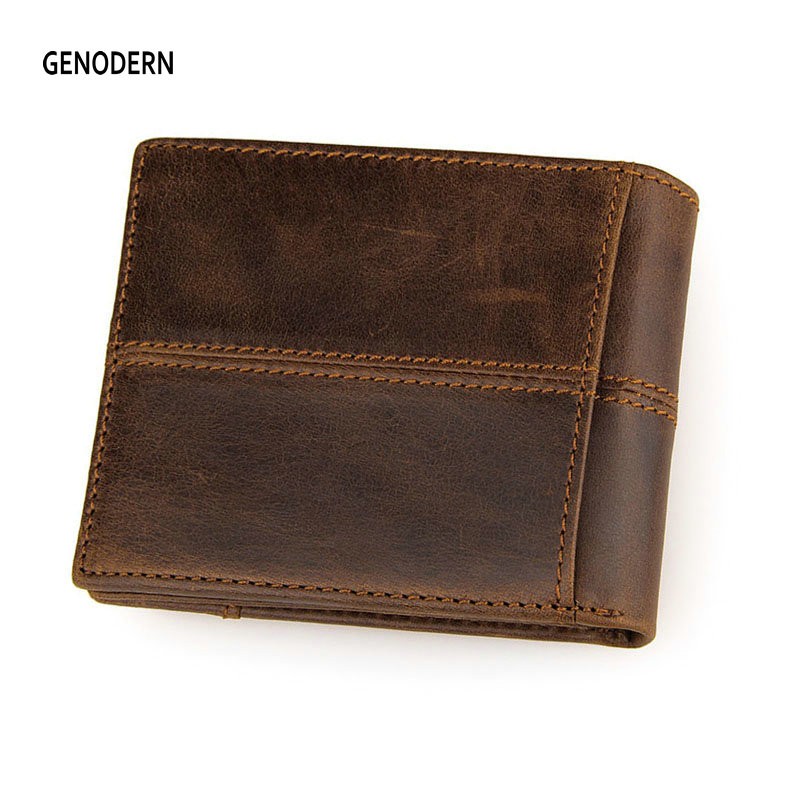 GENODERN Patchwork Pattern Cowhide Male Wallet Small Wallet for Men Genuine Leather Wallets Brown Male Purses Men Wallets