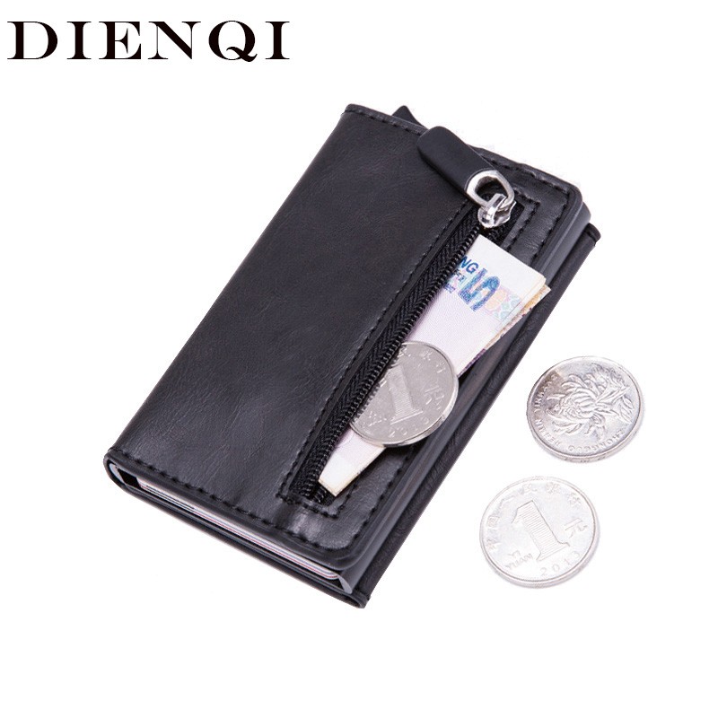 DIENQI Anti Rfid ID Card Holder Case Men Leather Metal Wallet Male Coin Purse Women Mini Carbon Credit Card Holder With Zipper