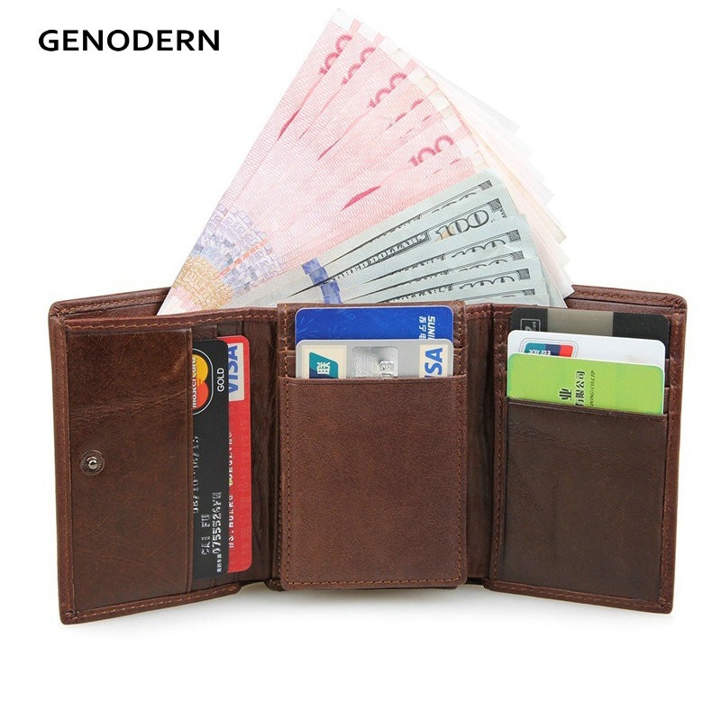 GENODERN Short Tri-fold Men's Wallet with Multi Card Holder Fashion Men's Wallet RFID Blocking Wallet Anti-scanning Leather Wallet