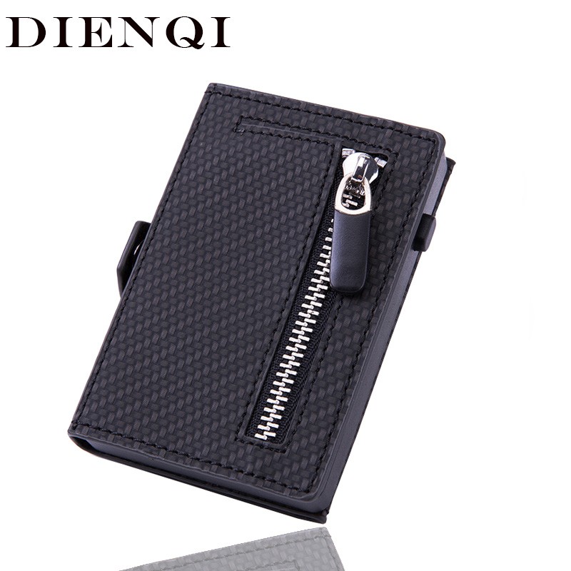 DIENQI - Men's Rfid Carbon Fiber Leather Card Holder Metal Card Holder Simple Steel Pocket Wallet