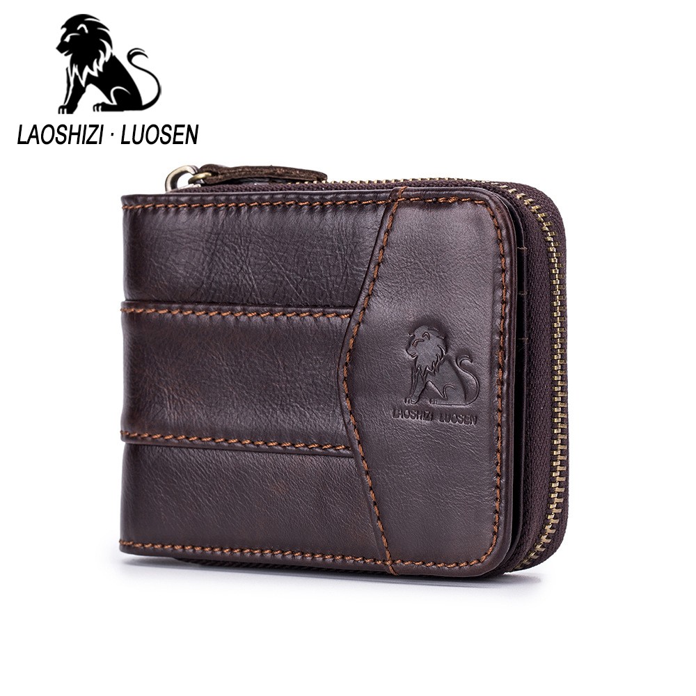 Retro Genuine Leather Men Wallet Coin Pocket Wallet Cowhide Zipper Card Holder Men Wallet