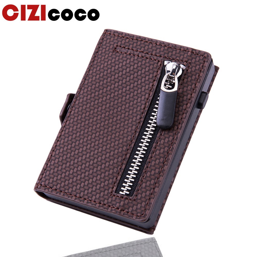 Cizicoco - Rfid Carbon Fiber Leather Card Holder for Men Anti-Metal Carbon Leather Card Holder Simple Steel Pocket Wallet