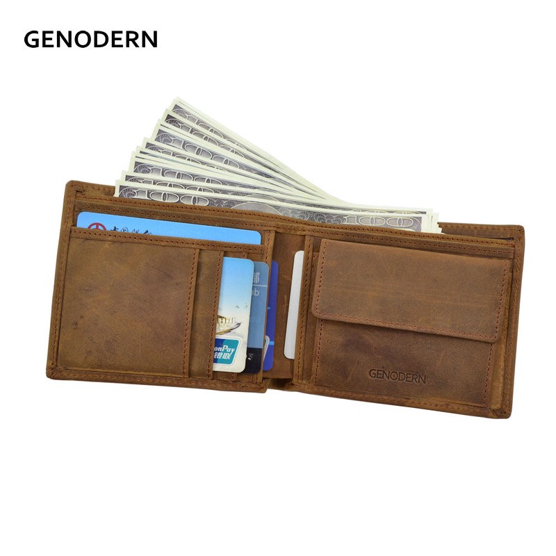 GENODERN Italian Style Crazy Horse Leather Wallet for Men Genuine Leather Wallets Coin Pocket Brown Male Purses Men Wallets