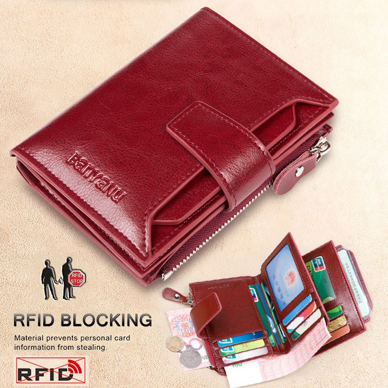 Fashion Women's Genuine Leather Wallet RFID Blocking Short Multifunctional Large Capacity Zipper Coin Purse Money Clip