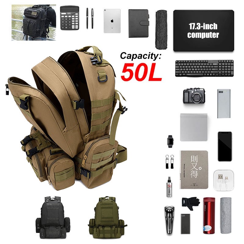 50L 4 in 1 Molle Sports Utility Bag Men Tactical Backpack, Military Backpack Outdoor Hiking Climbing Army Backpack Camping Bags