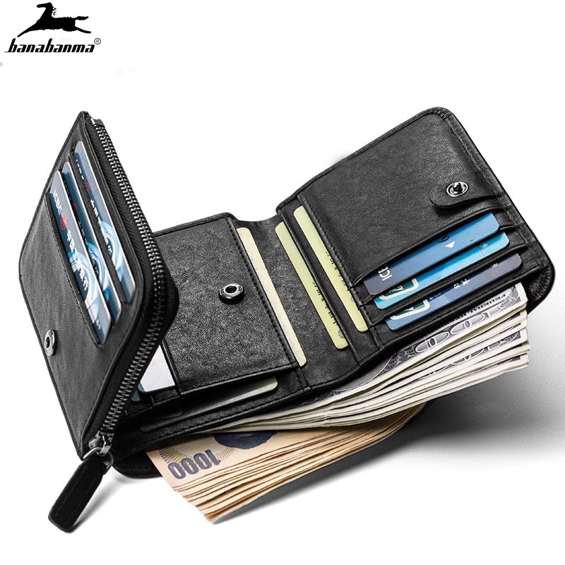 Men Short Wallet Trifold Cartera Piquina Coin Purse Zipper Clutch Bag Men Genuine Leather Wallets Classic Style