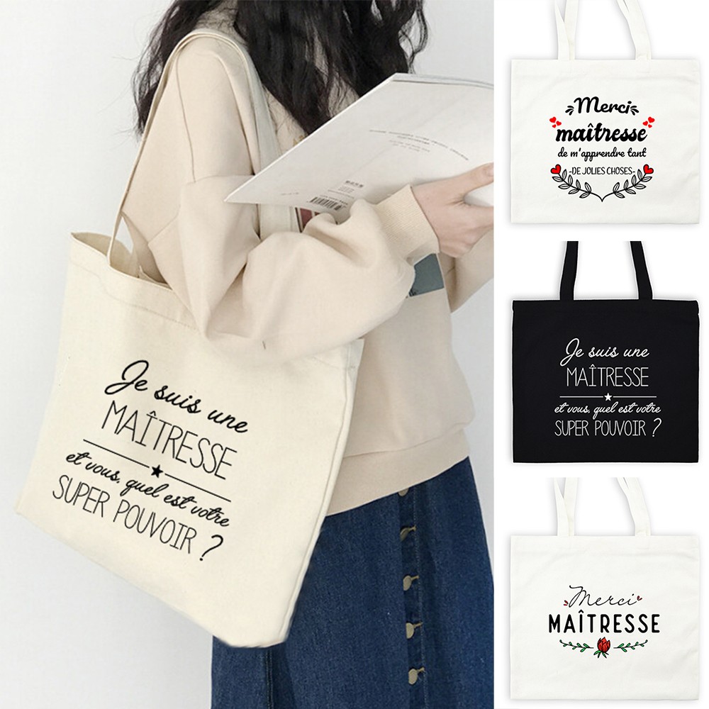 French Best Teacher Life Print Fashion Women Canvas Shopping Bag Eco Harajuku Aesthetic Personality Super Mistress School Bags