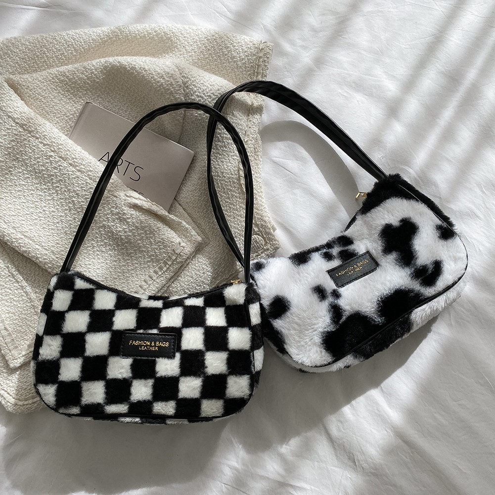 Women Soft Plush Shoulder Bags Cow Print Bags 2021 Winter Quilted Plaid Small Handbag Female Warm Faux Fur Fluffy Tote Bags