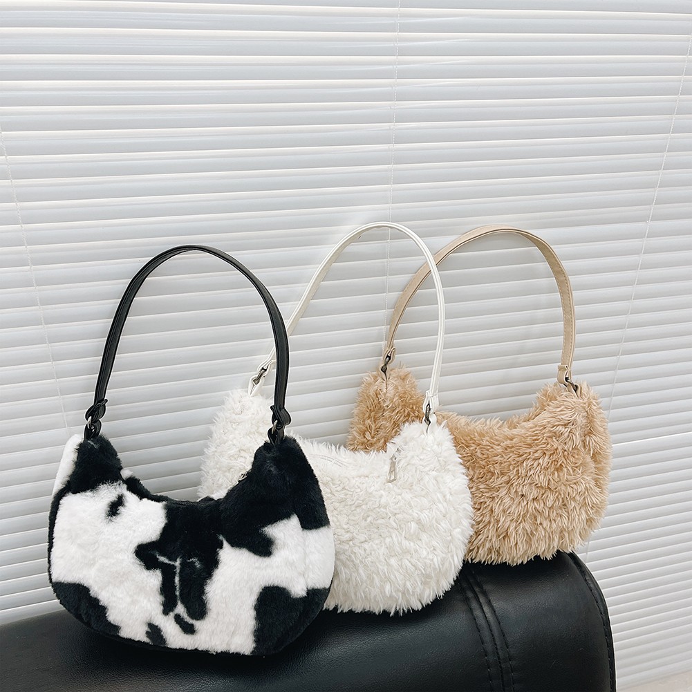 Women Soft Plush Shoulder Bags Cow Print Hobo Bags Female 2021 New Autumn Winter Small Handbag Travel Warm Fluffy Tote Bags