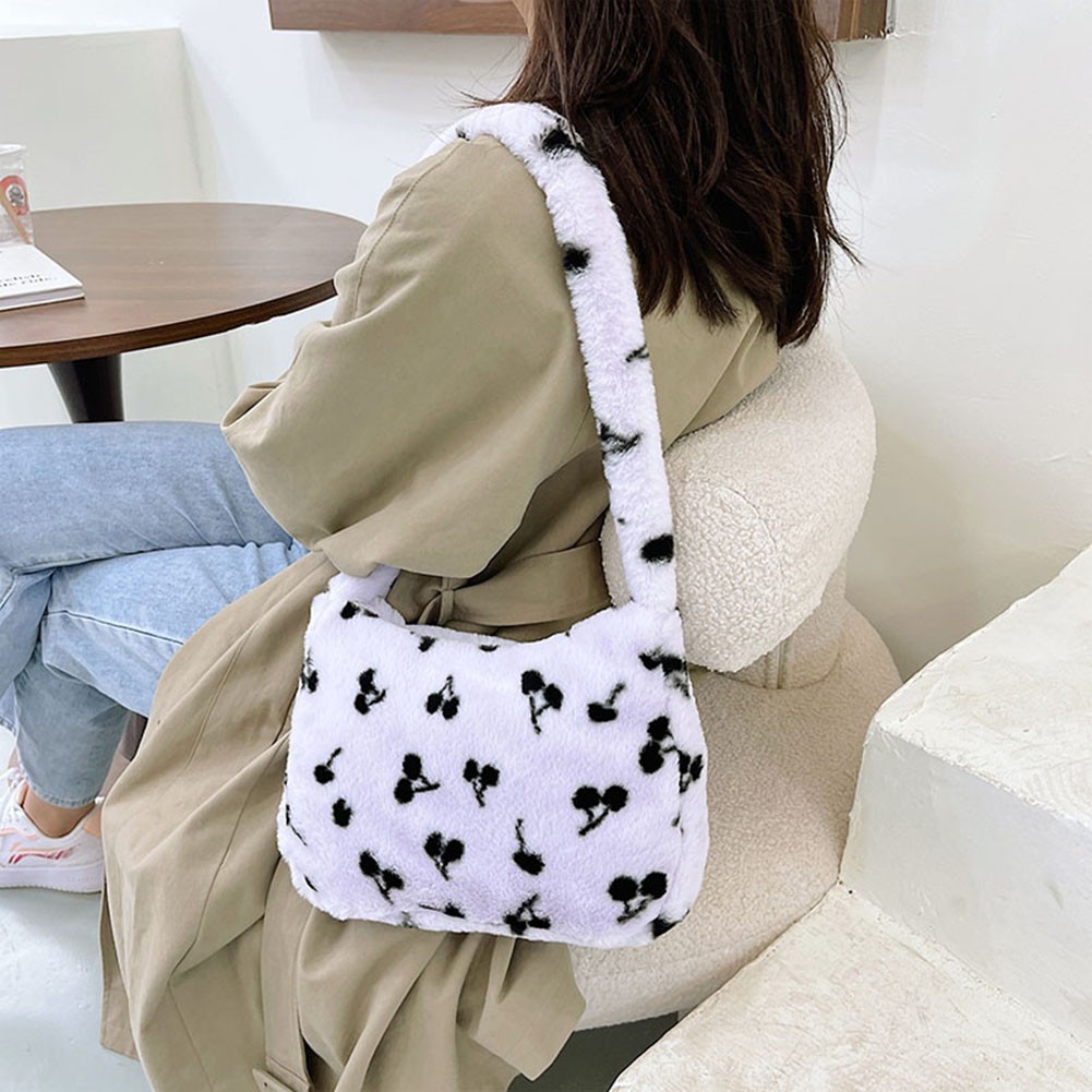 Fashion Women Plush Soft Shoulder Bag Cherry Print Underarm Bag for Women 2021 New Autumn Winter Handbags and Purses