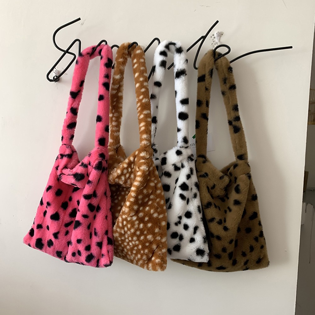 2021 Women Leopard Print Open Pocket Shoulder Bags Winter Warm Soft Plush Bucket Bags Female Large Capacity Furry Shopping Bag