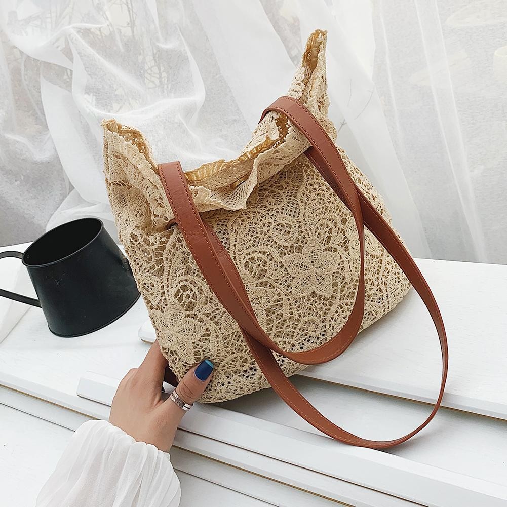 Lace Perforated Shoulder Bag for Women Elegant Beach Bag Large Capacity Composite Collection Summer 2021