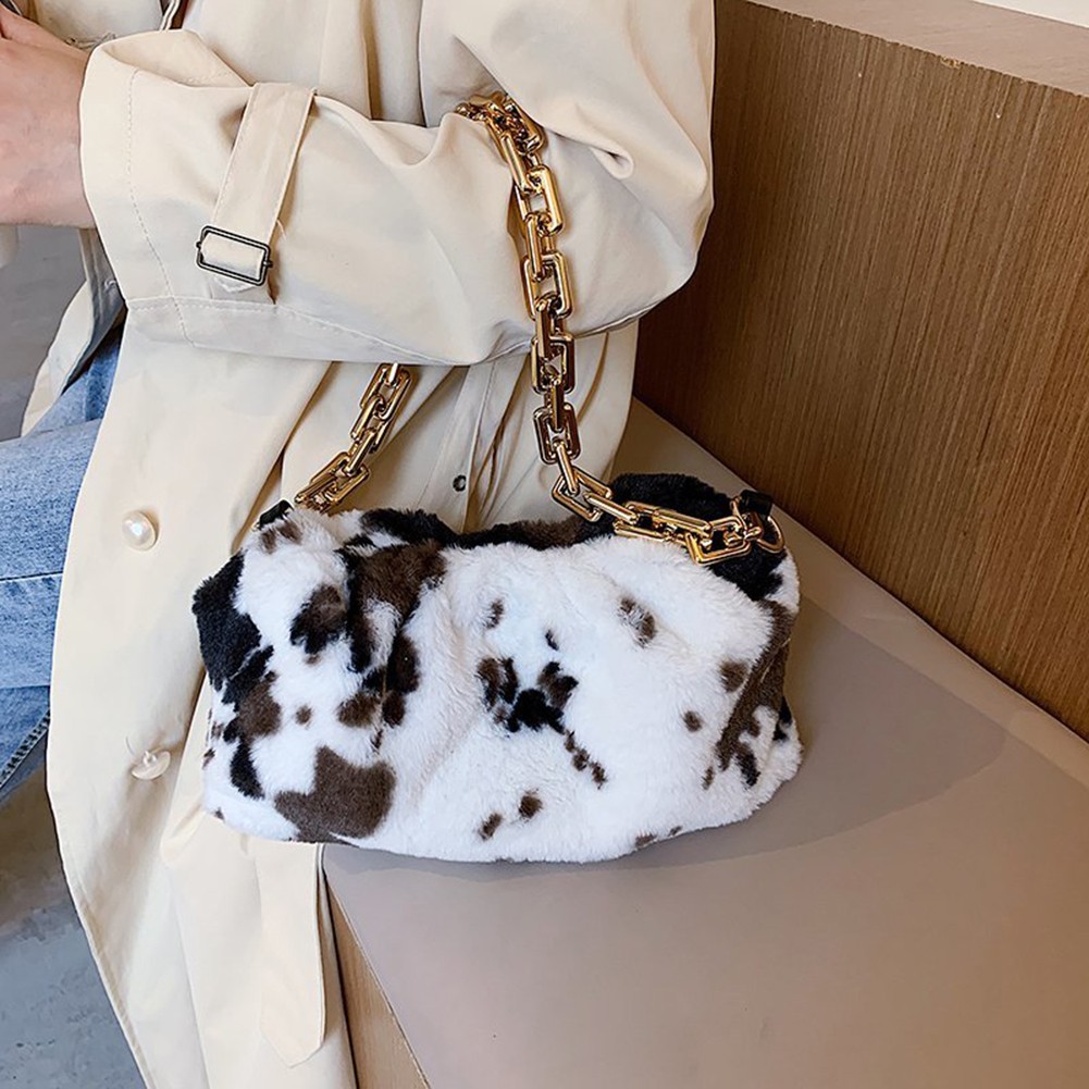 INS Fashion Women Winter Cloud Bag Cow Print Soft Plush Shoulder Bag Female Thick Chain Handbags Ladies Warm Fur Underarm Bags