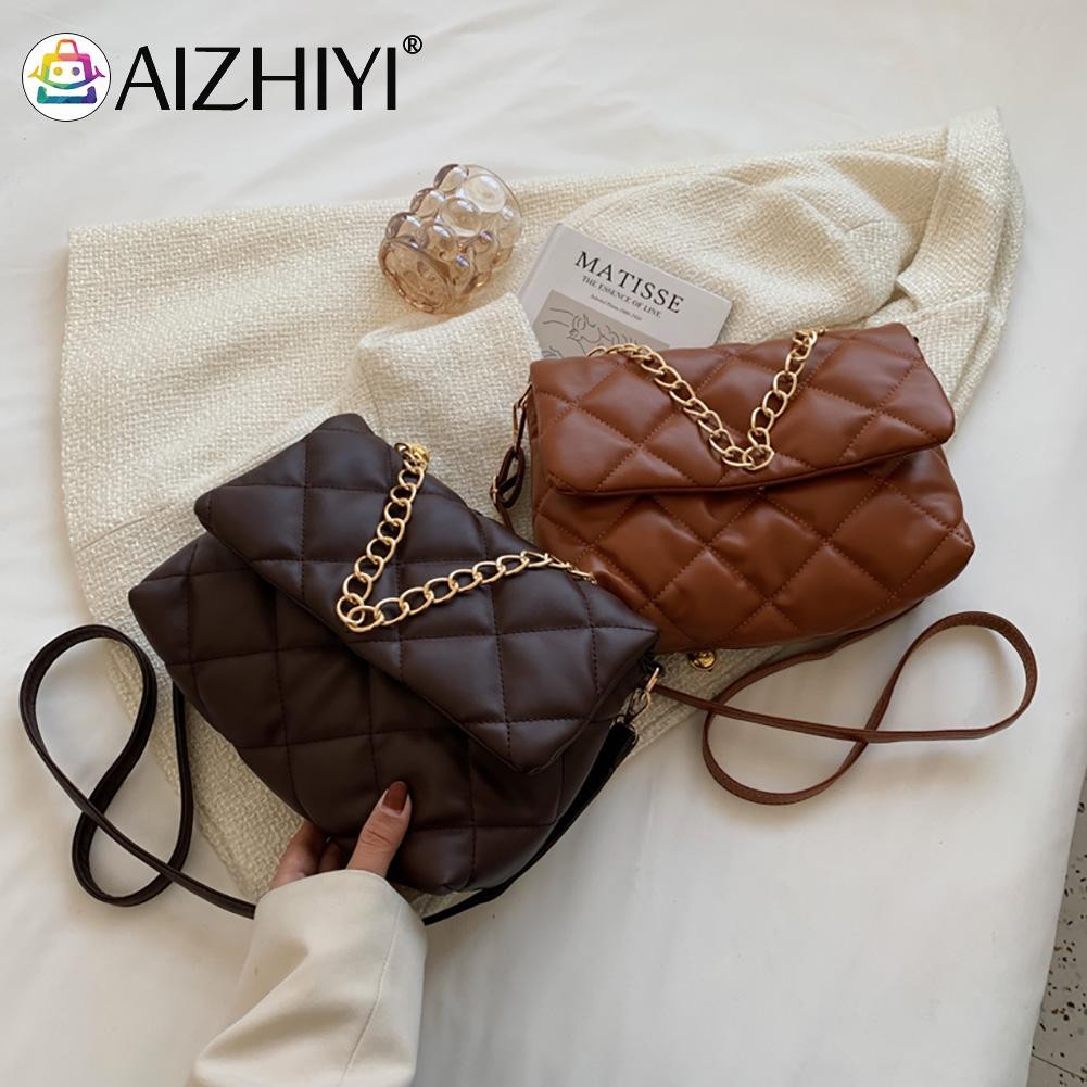 Women's PU Leather Diamond Lattice Shoulder Bag Lady Embroidery ThreadChain Flap Crossbody Bag