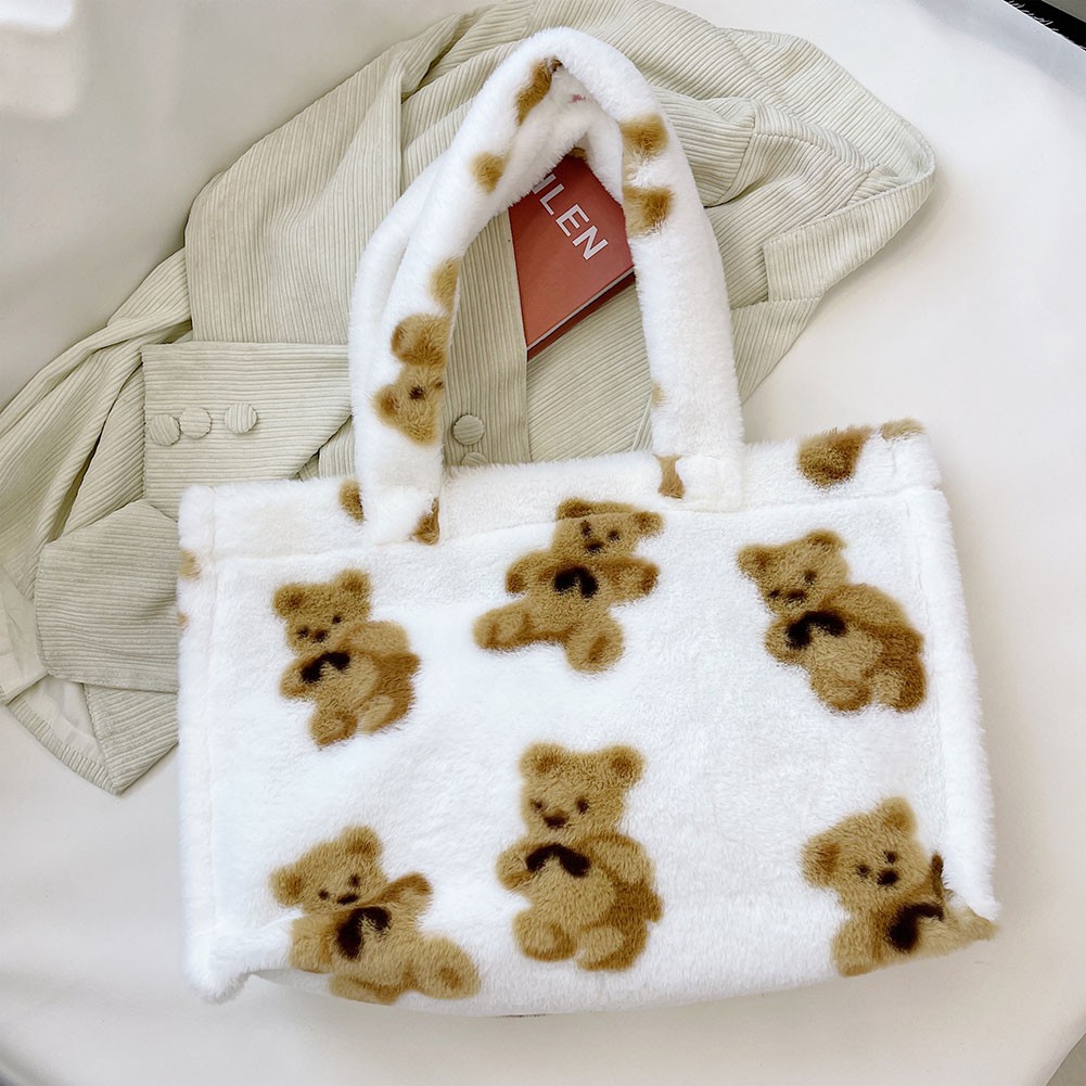 Women Plush Fur Shoulder Bag Fluffy Canvas Bear Fur Bags Large Capacity Soft Shopping Bags Girls Cute School Bag