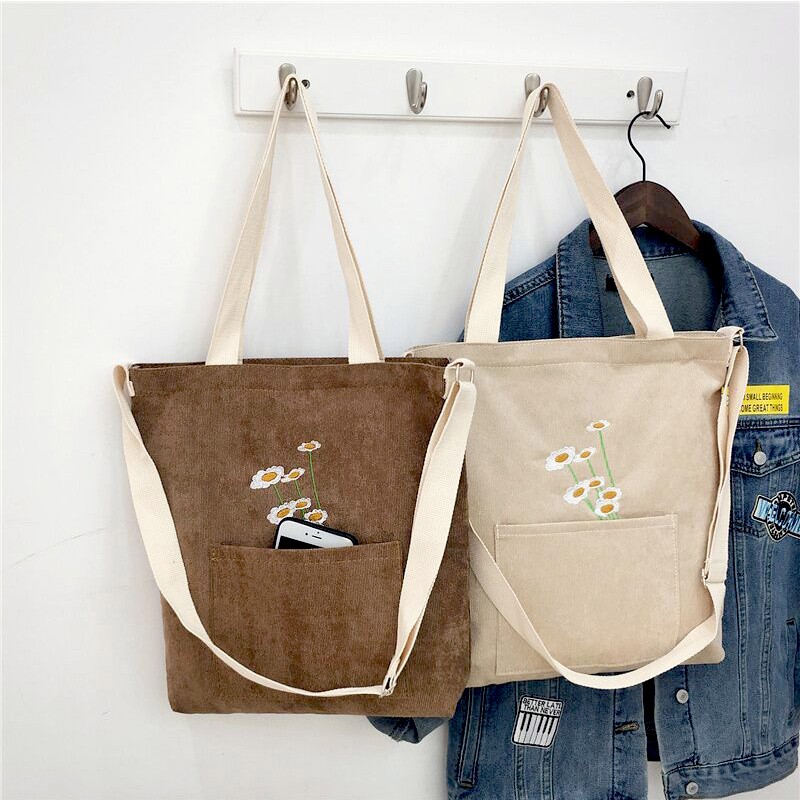 Women Shoulder Bag 2021 Cute Corduroy Tote Bag With Zipper Fashion Girl Shopper Bags Embroidery Mini Bags Daisies Crossbody