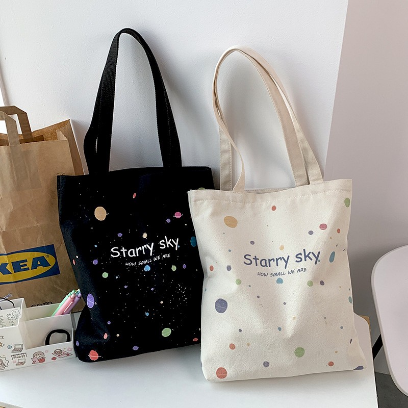 Women's shoulder bag 2022 canvas tote fashion girl bag simple large capacity shopper bag with wide zipper starry sky print handbag