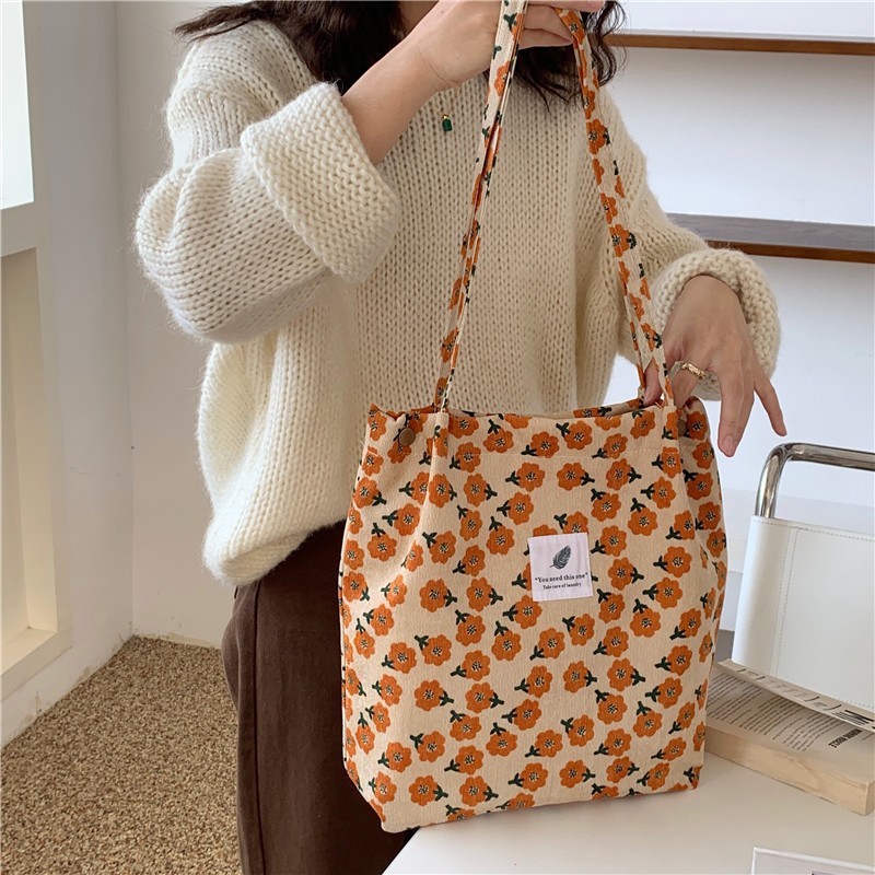 Women Corduroy Handbag New Fashion Floral Printing Large Capacity Canavs Shoulder Bag 2022 Summer Ladies Shopping Messenger Bag