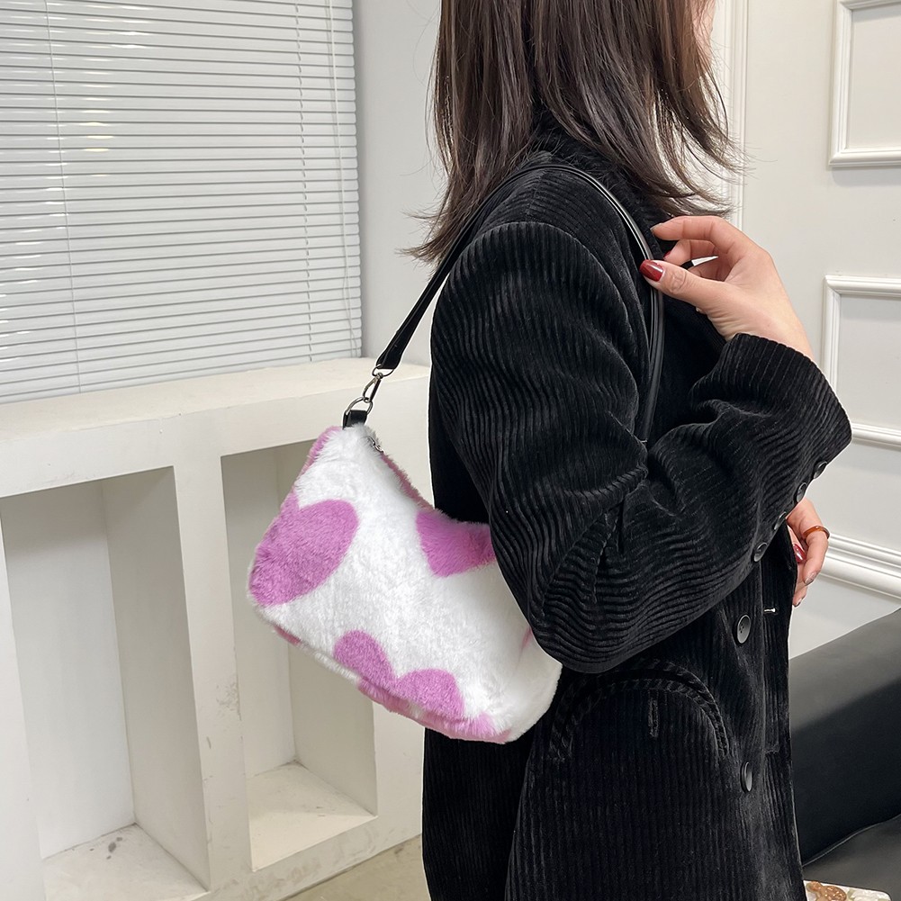 2021 Winter Love Heart Print Underarm Handbags Women Soft Plush Leopard Zebra Small Shoulder Bags Female Warm Fluffy Tote Bags
