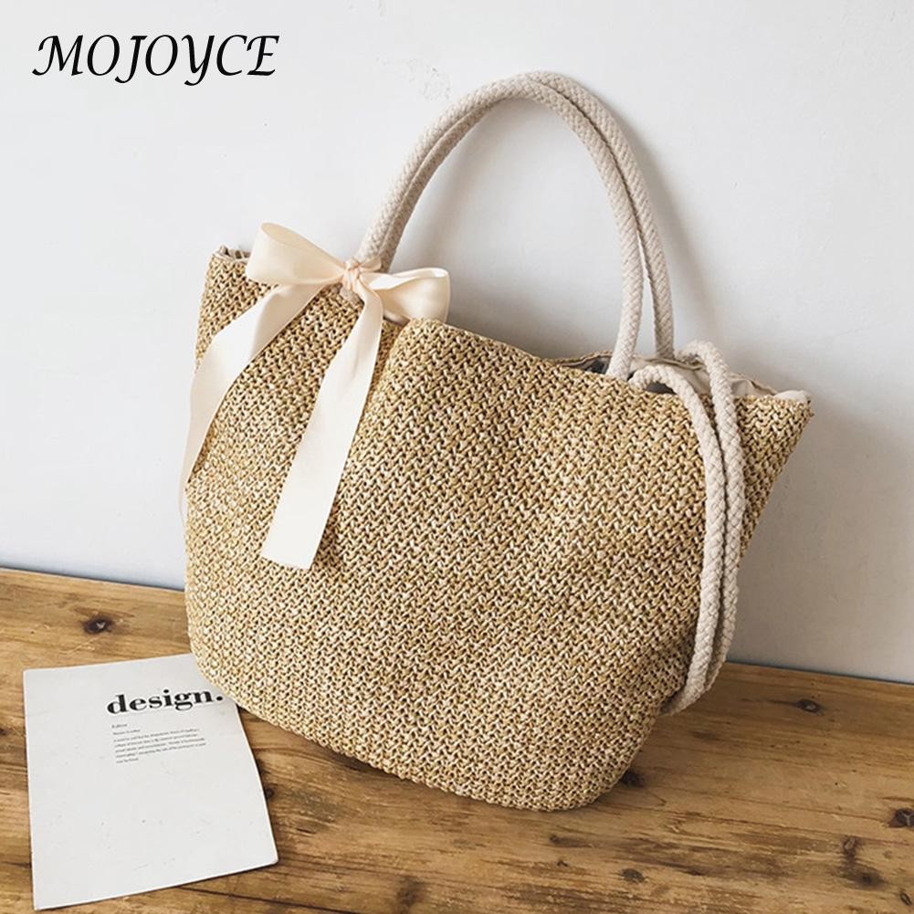 Women Woven Straw Drawstring Shoulder Bags Handmade Lady Summer Shoulder Bags Woven Handbags