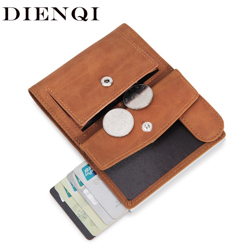 DIENQI RFID Genuine Leather Men Wallets Card Holder Slim Thin Smart Magic Wallet Mini Short Coin Purse Male 2022 Brown Vallet