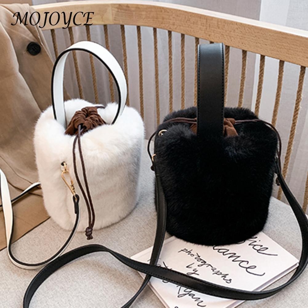 Fashionable Women Shoulder Bags Plush Drawstring Solid Color Casual Ladies Bag Bucket Shoulder Drawstring Handbags