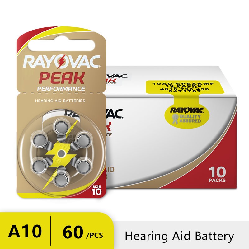 60pcs Rayovac Peak Hearing Aid Batteries 10 A10 ZA10 10A P10 PR70 High Performance Zinc Air Battery For Small Digital Hearing Aid