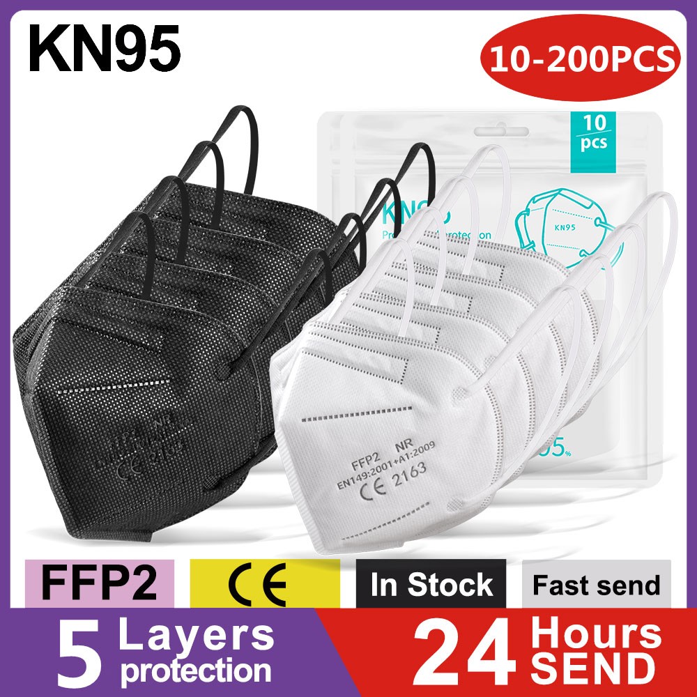10-200pcs FFP2 Mascarillas FPP2 Negras Face Mask KN95 Black White 5 Layers Protective Respirator Face Masks Adult ffp2fan CE