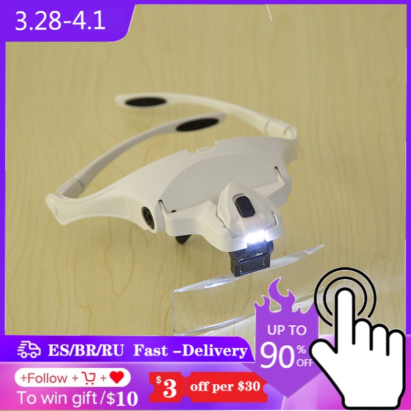 Microblading Bracket Glasses Magnifying Glasses 2 LED Lights Magnifying Tool 5 Lenses 1.0X-3.5X Adjustable