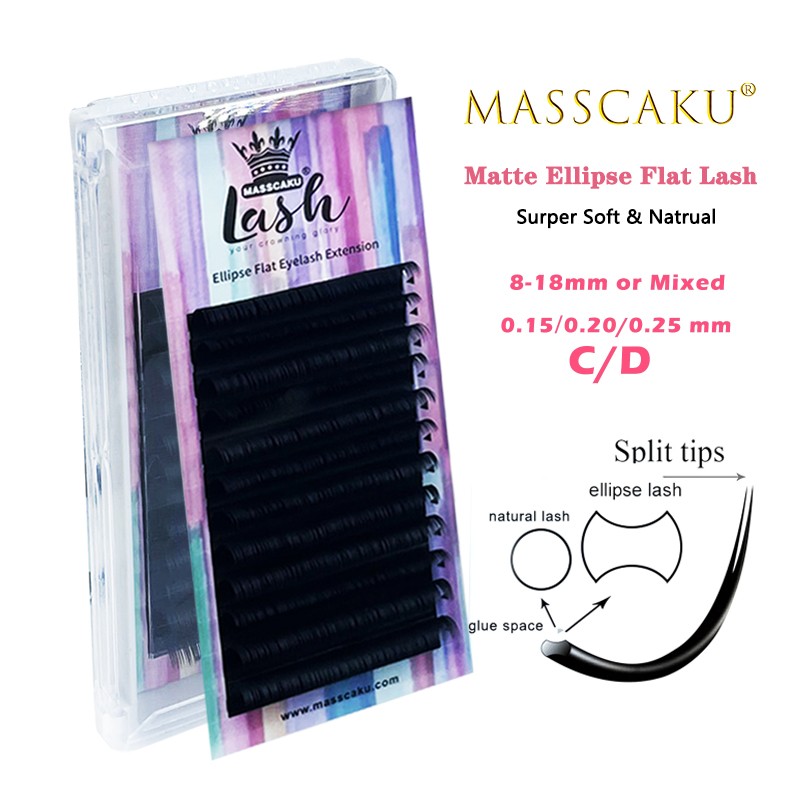 MASSCAKU Natural False Eyelashes Ellipse C/D Matte Individual Eyelash Extension Flat Lashes Extensions Split-Tips Wholesale