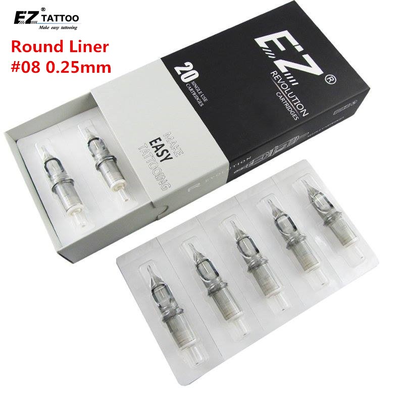 EZ Revolution Tattoo Needles Cartridge Liners Round #08 0.25mm For Cartridge & Grips Machine 20pcs/box