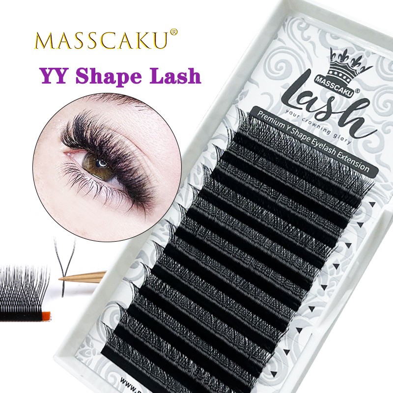 MASSCAKU Sale 12 Rows YY Shape Faux Mink Double Tip Eyelash Y Style Russian Volume Individual Eye Lashes Easily Flap Y Lashes