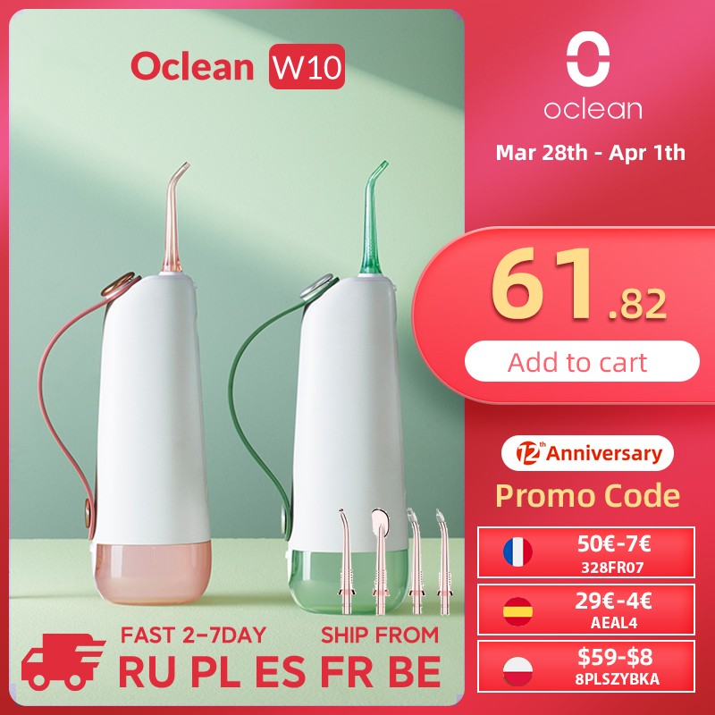 Oclean W10 Water Flosser Oral Irrigator Portable Dental Water Jet 4-Tip and 5-Mode Detachable WaterTank Waterproof Auto Timer