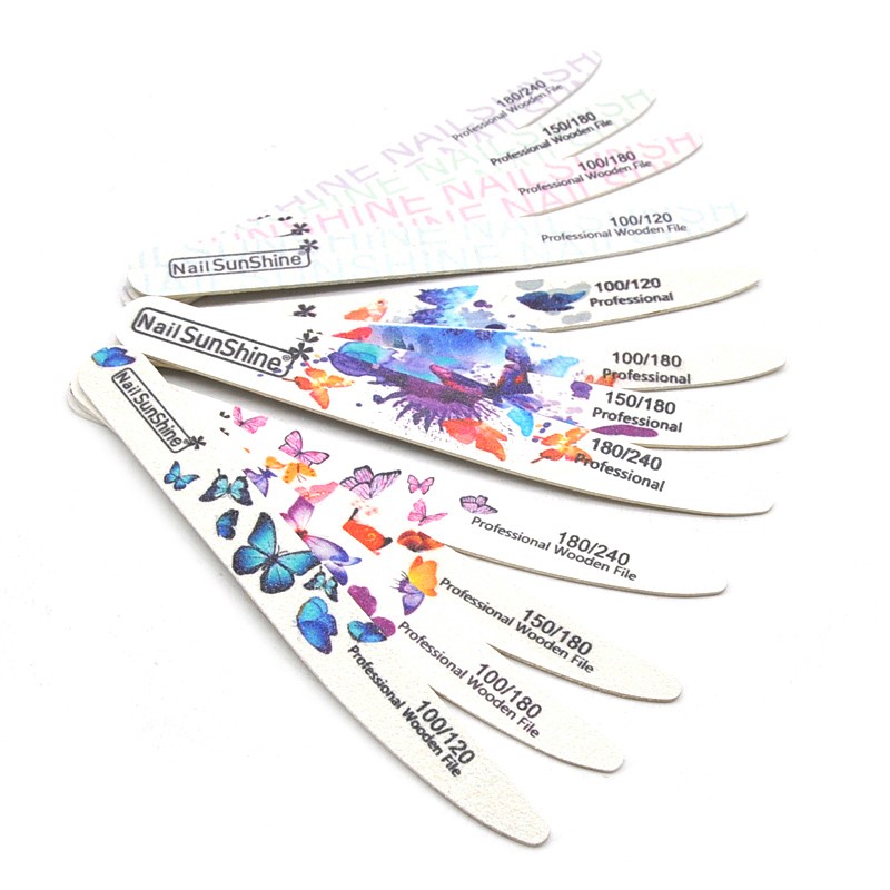 10pcs/lot Wooden Nail Files 100/120/150/180/240 Butterfly Printed Strong Emery White Wood Files Buffer UV Gel Polisher Tools