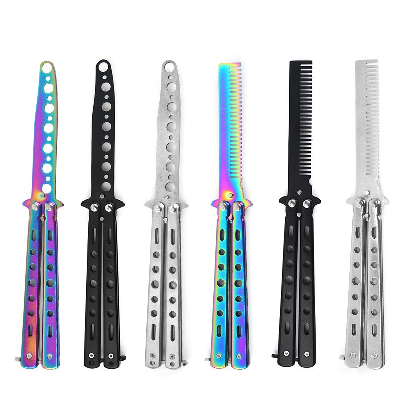 1pc Foldable Comb Stainless Steel Training Training Butterfly Knife Comb Beard Mustache Brushes Hair Styling Styling Tool