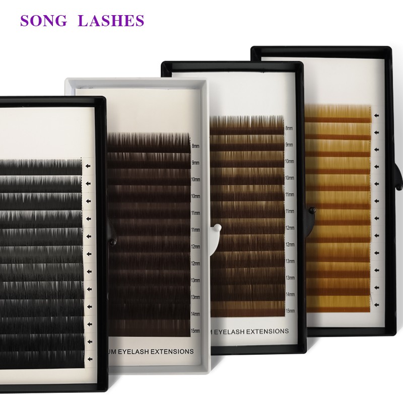 Sung high quality eye lashes false eyebrow extensions 12 lines per tray. No eyelash curl. 4 color dark brown light brown