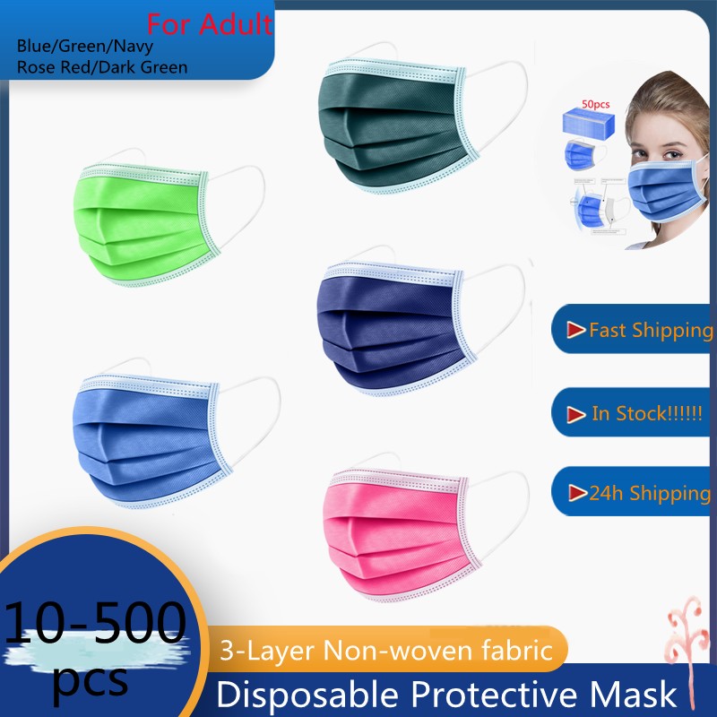 10-500pcs Disposable Adult Mask 3 Layers Non-woven Filter Blue Green Pink Mask Adult Respirator Multicolor Anti-Dust Mask masque