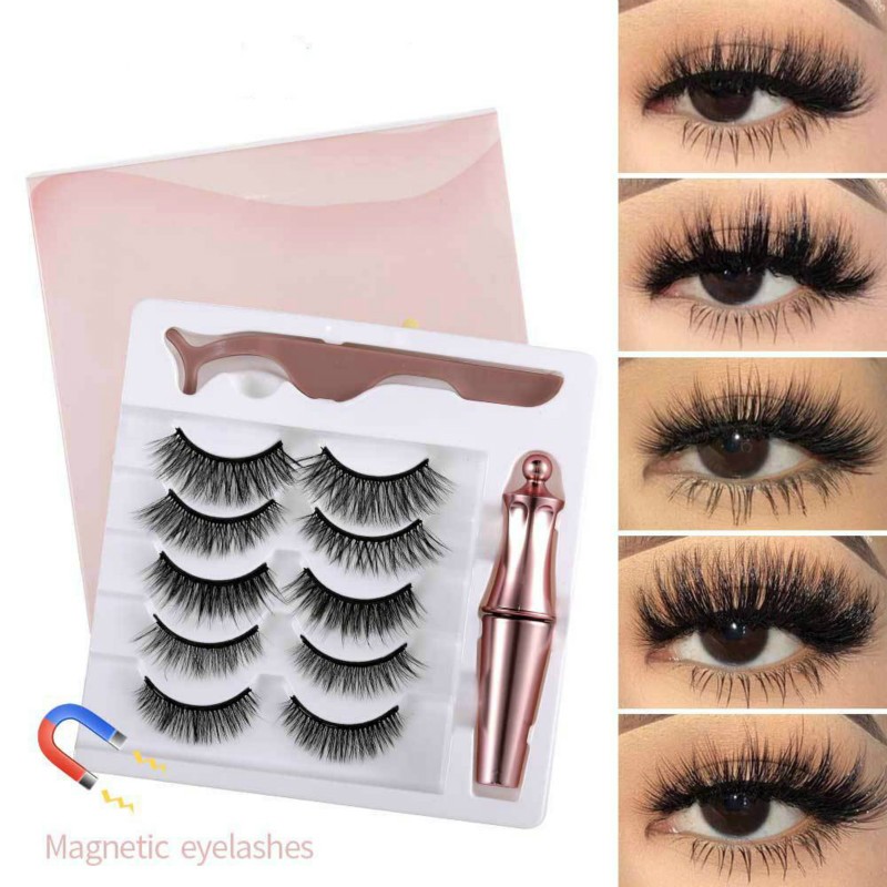 5 Pairs 3D Mink Magnetic False Eyelashes Waterproof Liquid Eyeliner Tweezers Long Lasting Makeup Tool