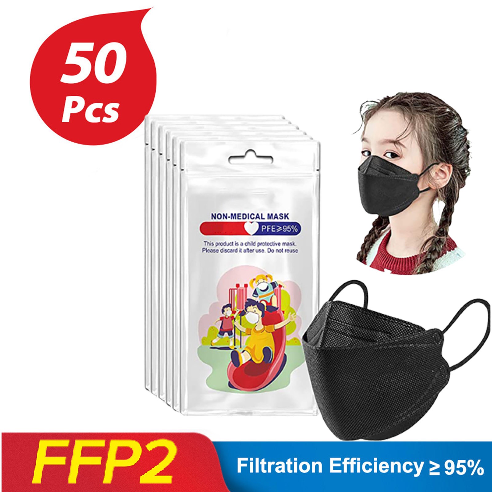 100pcs multicolor kids kf94fan 4 L-airs children non-woven solid mascarillas fpp2 mask fpp2fan respirator 3d design black mask