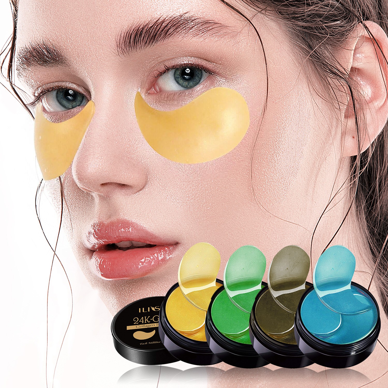 Ilisya 60pcs-Gold Collagen Eye Mask Seaweed Green Algae Eye Patches for Dark Circle Moisturizing Anti-Wrinkle Nourishing Eye Palette