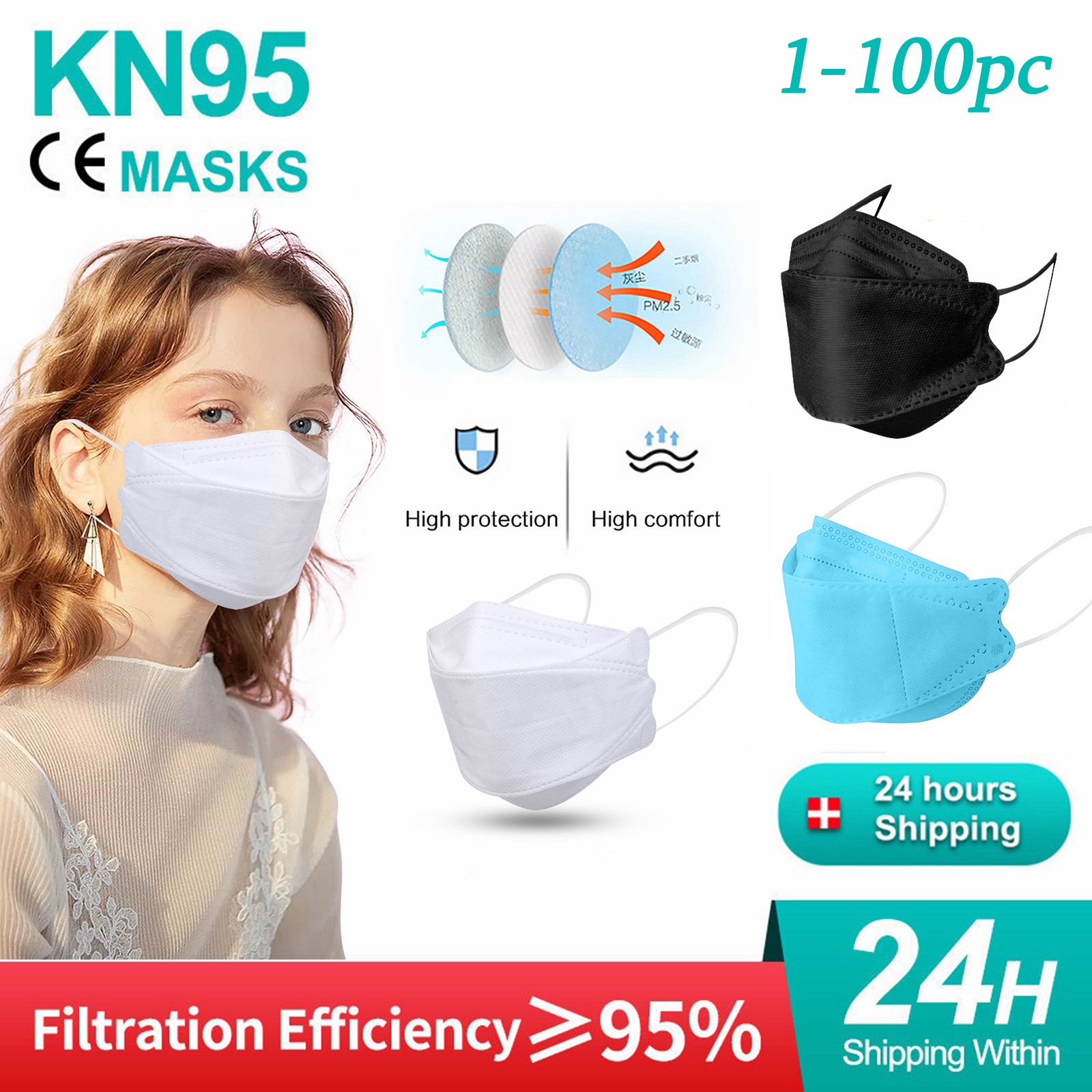 1-100pcs KN95 Face Mask Adult Black White Blue FFP2 CE Mask Drops and Fog Prevention Fish Non-woven mascarillas fpp2 mask