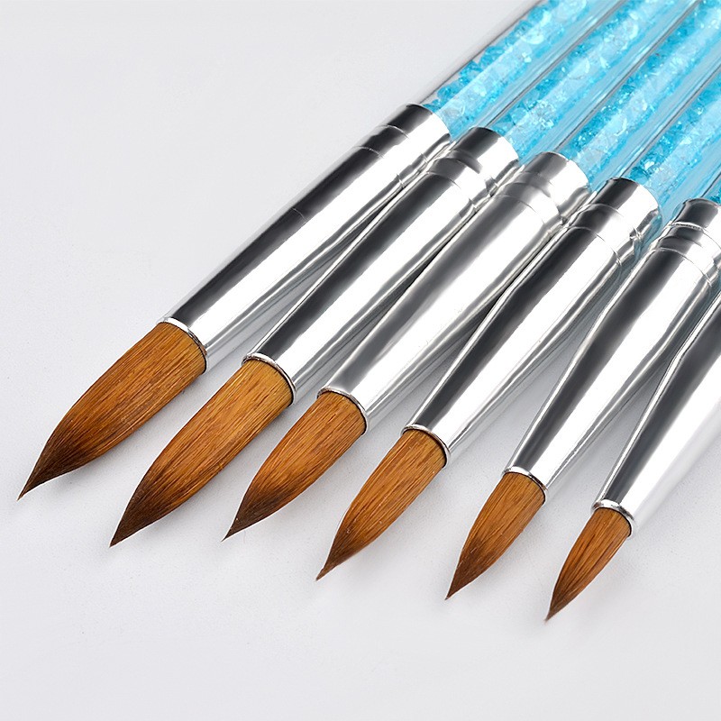 6pcs/set Nylon Hair Nail Brush Blue Rhinestone Faux Fur Acrylic Brush Pen Nail Gel Builder Carving Dotting Painting Tools