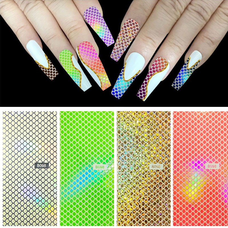 1 Sheet Nail Art Holographic Fish Scales Shaped Sticker Self Adhesive 12 Colors Nail Foil Decals Manicure Adhesive Laser Decals