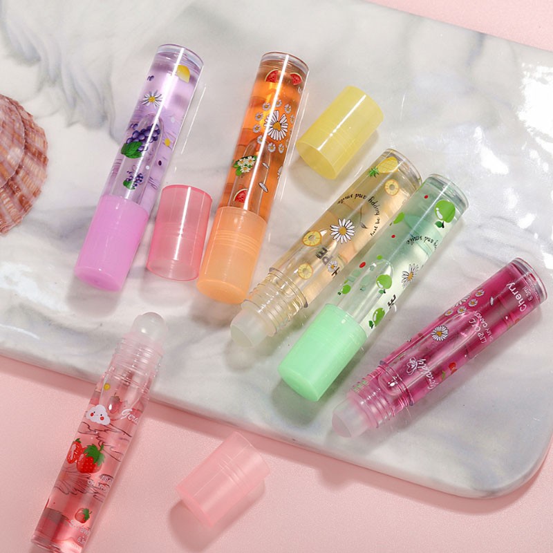 Random 6 Color Roll On Fruit Lip Balm Lip Oil Moisturizing Mirror Lip Gloss Transparent Lipstick Primer Cosmetic Makeup