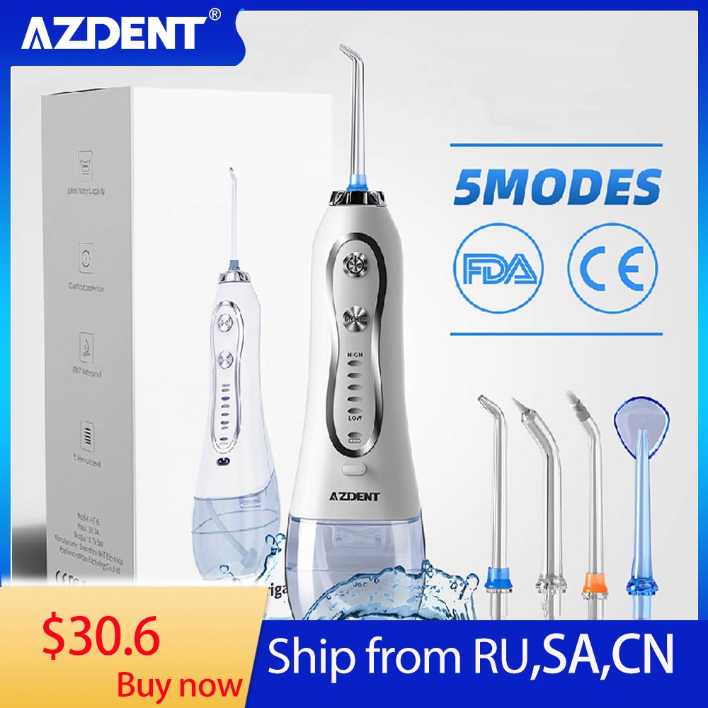 AZDENT Newest HF-6 5 Models Electric Oral Irrigator With Travel Bag Cordless Portable Water Dental Flosser 5pcs Jet