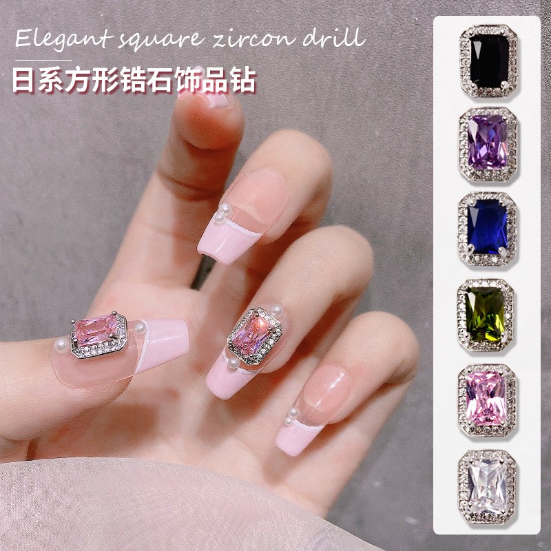 3pcs nail art net red square zircon light luxury big diamond color flat diamond silver exquisite nail decoration flash diamond