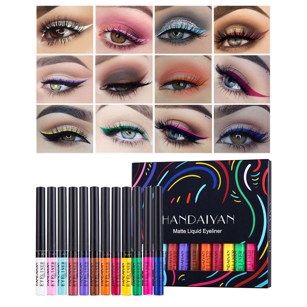 12 Colors Liquid Eyeliner Pen Set Waterproof Long Lasting Matte Colorful Eye Liner Cosmetic Quick Dry White Green Liner Makeup Kit