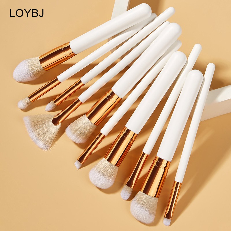 Loebig 8/10/15 Makeup Brushes Set White Gold Cosmetic Brush Powder Foundation Blush Brushes Contour Eyeshadow Eyebrow Fan Beauty Tools