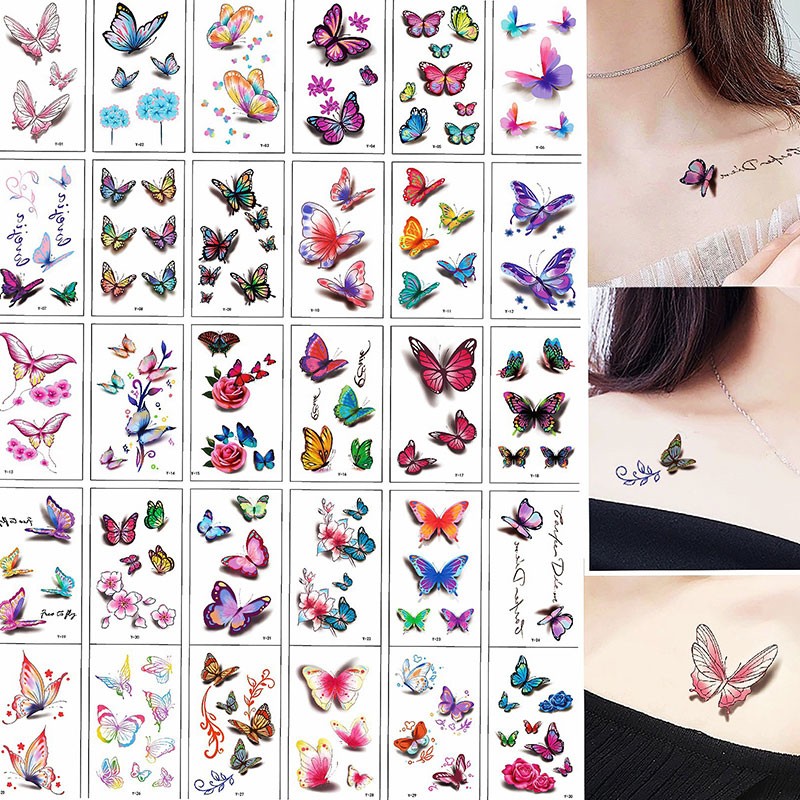 Women Temporary Tattoo Sticker Pink Butterfly Flower Feather Lotus 3D Fake Tattoo Body Hands Arm Leg Temporary Tattoos Femme