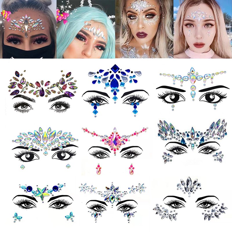 3D Sexy Face Tattoo Stickers Face Decoration Temporary Tattoo Glitter Fake Tattoo Rhinestones for Woman Party Face Jewelry Tattoo